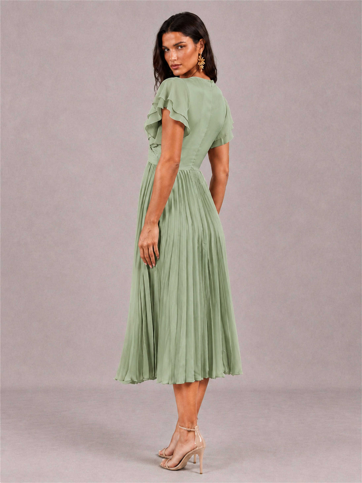 V-Neck A-Line Pleated Chiffon Tea-Length Wedding Guest Dress with Flutter Sleeves
