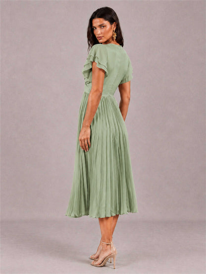 V-Neck A-Line Pleated Chiffon Tea-Length Wedding Guest Dress with Flutter Sleeves