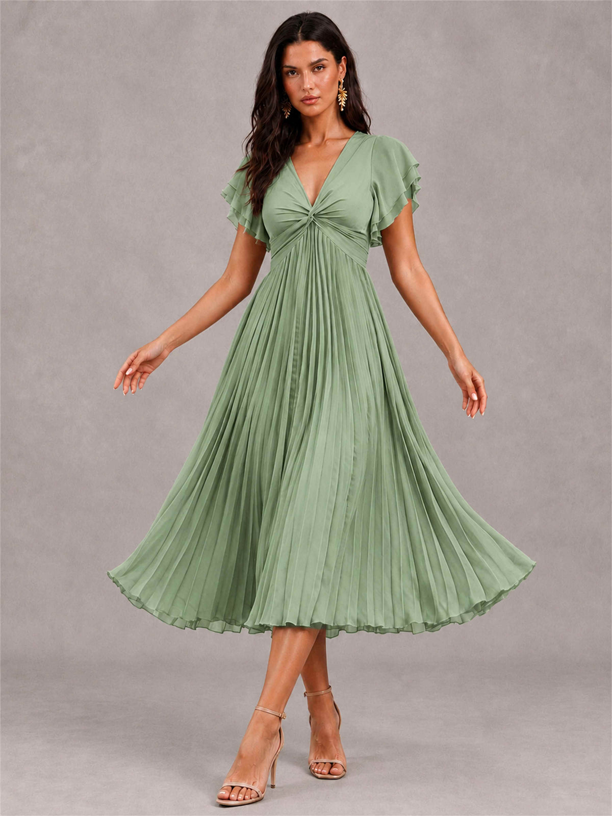 V-Neck A-Line Pleated Chiffon Tea-Length Wedding Guest Dress with Flutter Sleeves