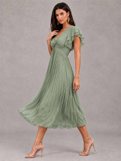 V-Neck A-Line Pleated Chiffon Tea-Length Wedding Guest Dress with Flutter Sleeves
