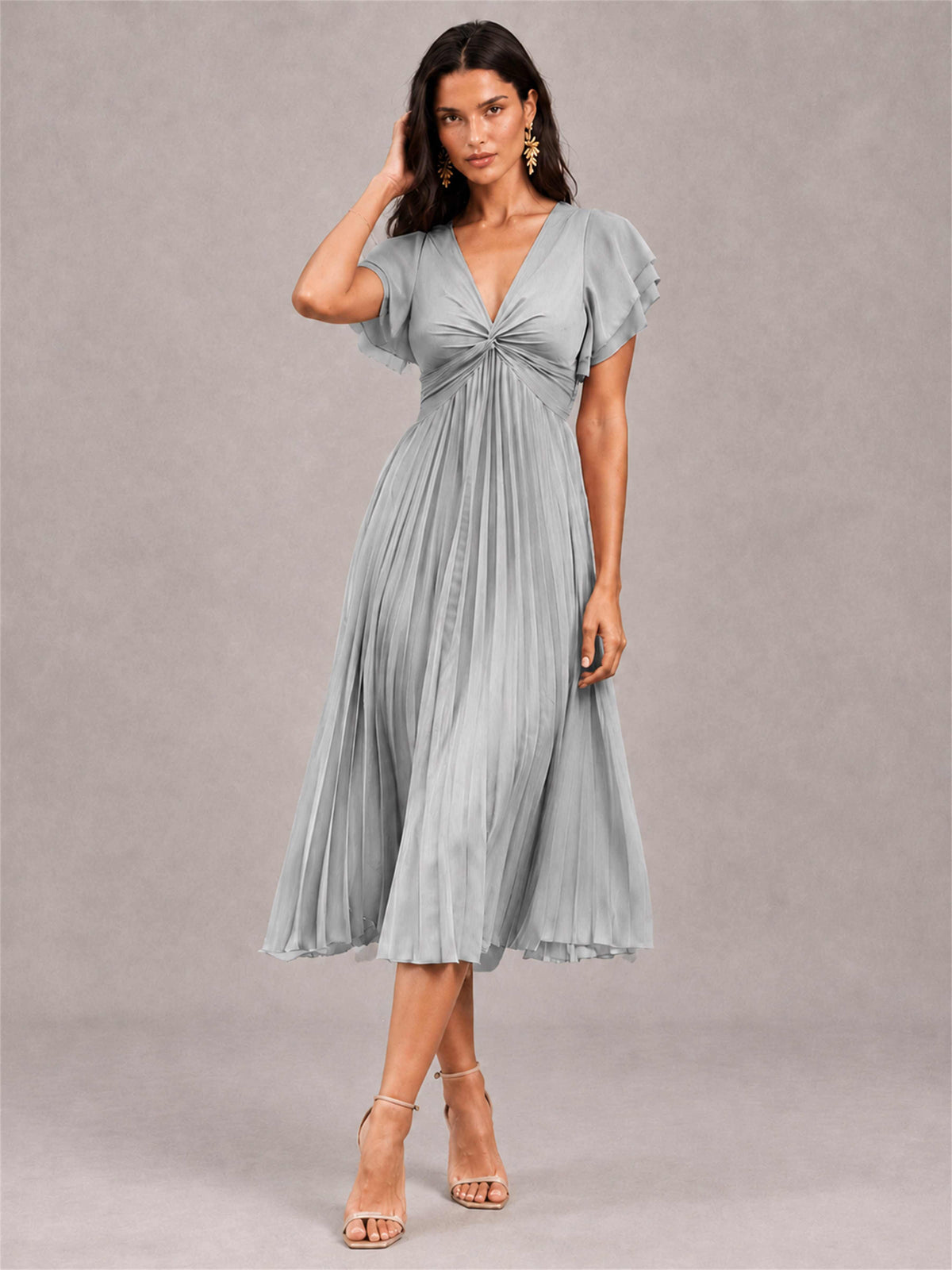 V-Neck A-Line Pleated Chiffon Tea-Length Wedding Guest Dress with Flutter Sleeves
