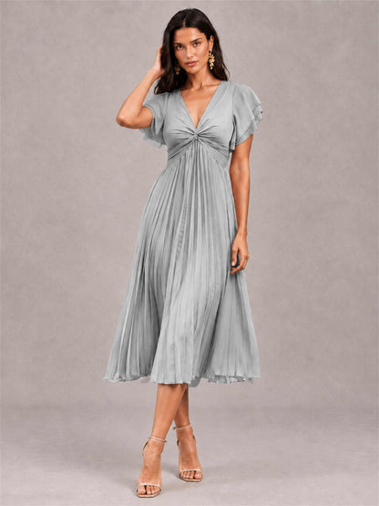V-Neck A-Line Pleated Chiffon Tea-Length Wedding Guest Dress with Flutter Sleeves