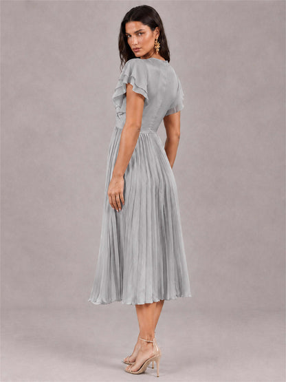 V-Neck A-Line Pleated Chiffon Tea-Length Wedding Guest Dress with Flutter Sleeves