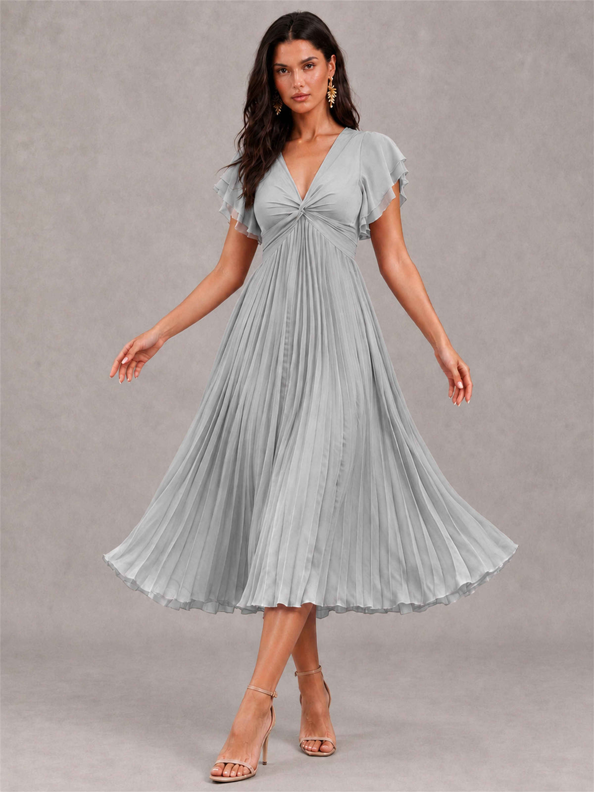 V-Neck A-Line Pleated Chiffon Tea-Length Wedding Guest Dress with Flutter Sleeves