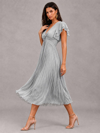 V-Neck A-Line Pleated Chiffon Tea-Length Wedding Guest Dress with Flutter Sleeves