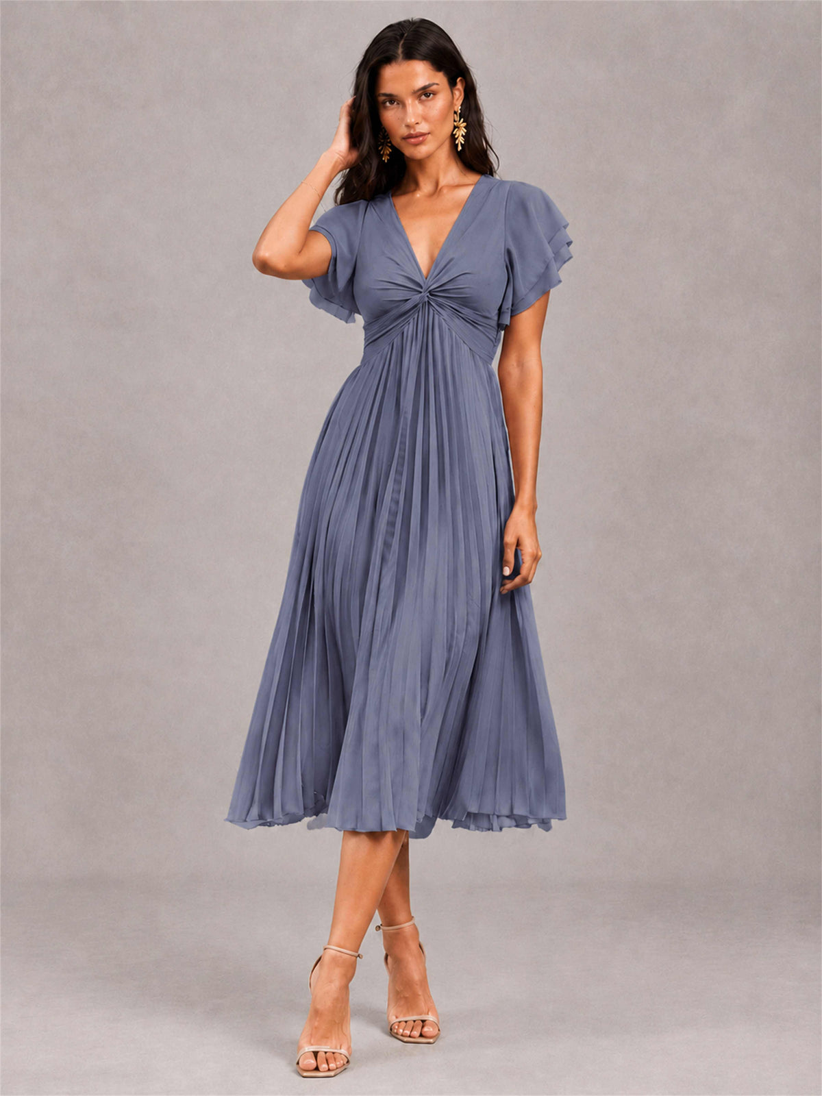 V-Neck A-Line Pleated Chiffon Tea-Length Wedding Guest Dress with Flutter Sleeves