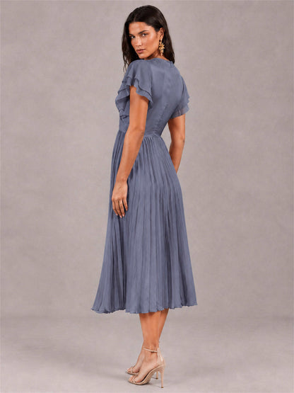 V-Neck A-Line Pleated Chiffon Tea-Length Wedding Guest Dress with Flutter Sleeves