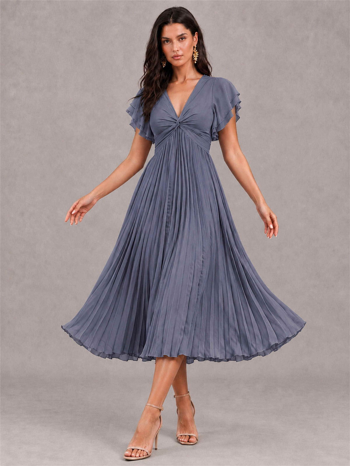 V-Neck A-Line Pleated Chiffon Tea-Length Wedding Guest Dress with Flutter Sleeves