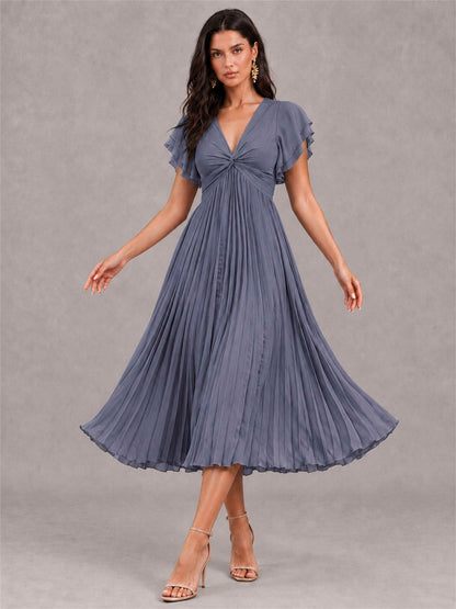 V-Neck A-Line Pleated Chiffon Tea-Length Wedding Guest Dress with Flutter Sleeves