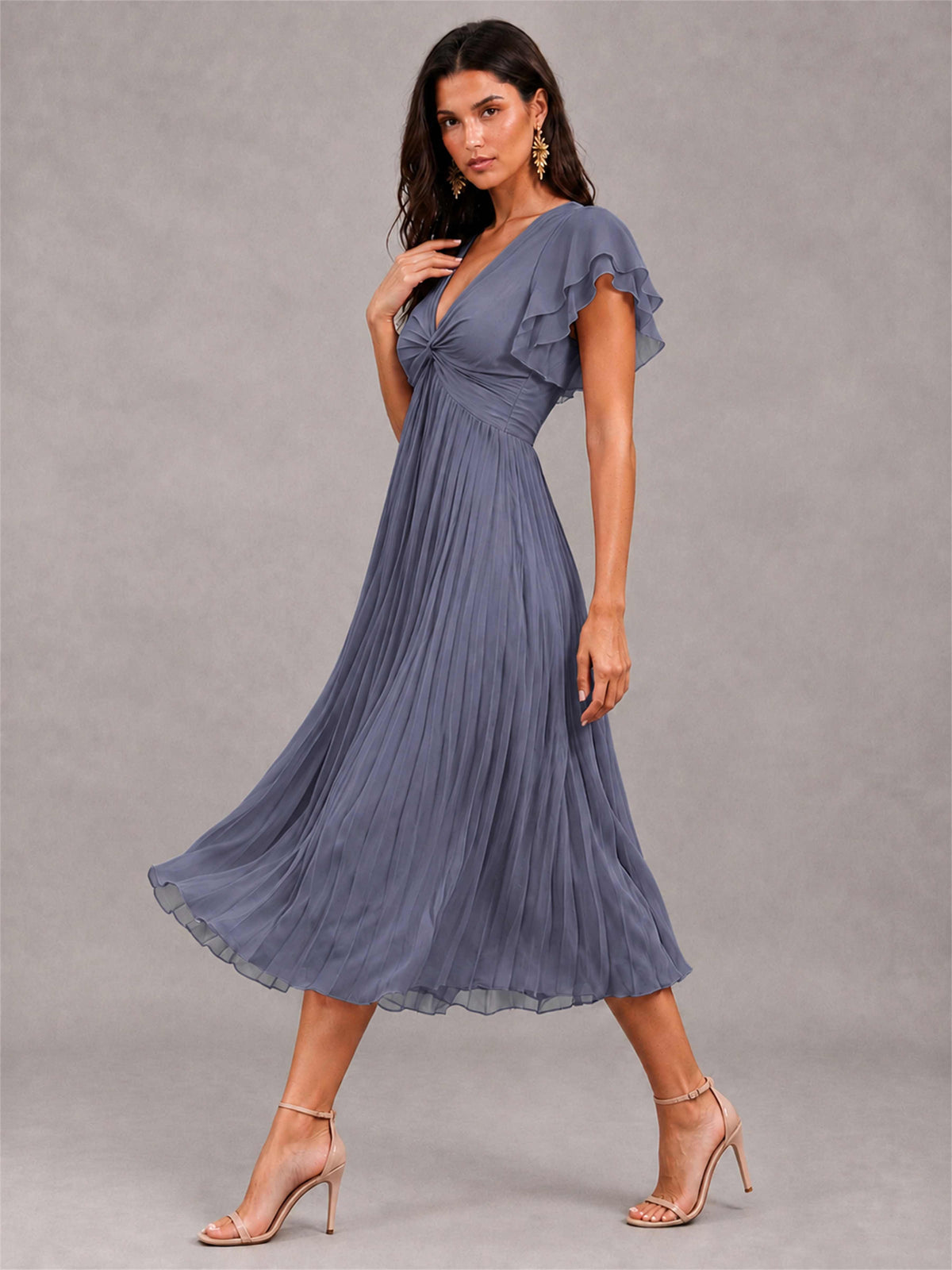 V-Neck A-Line Pleated Chiffon Tea-Length Wedding Guest Dress with Flutter Sleeves
