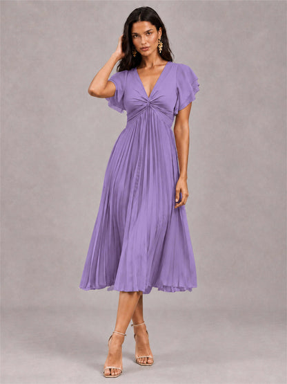 V-Neck A-Line Pleated Chiffon Tea-Length Wedding Guest Dress with Flutter Sleeves