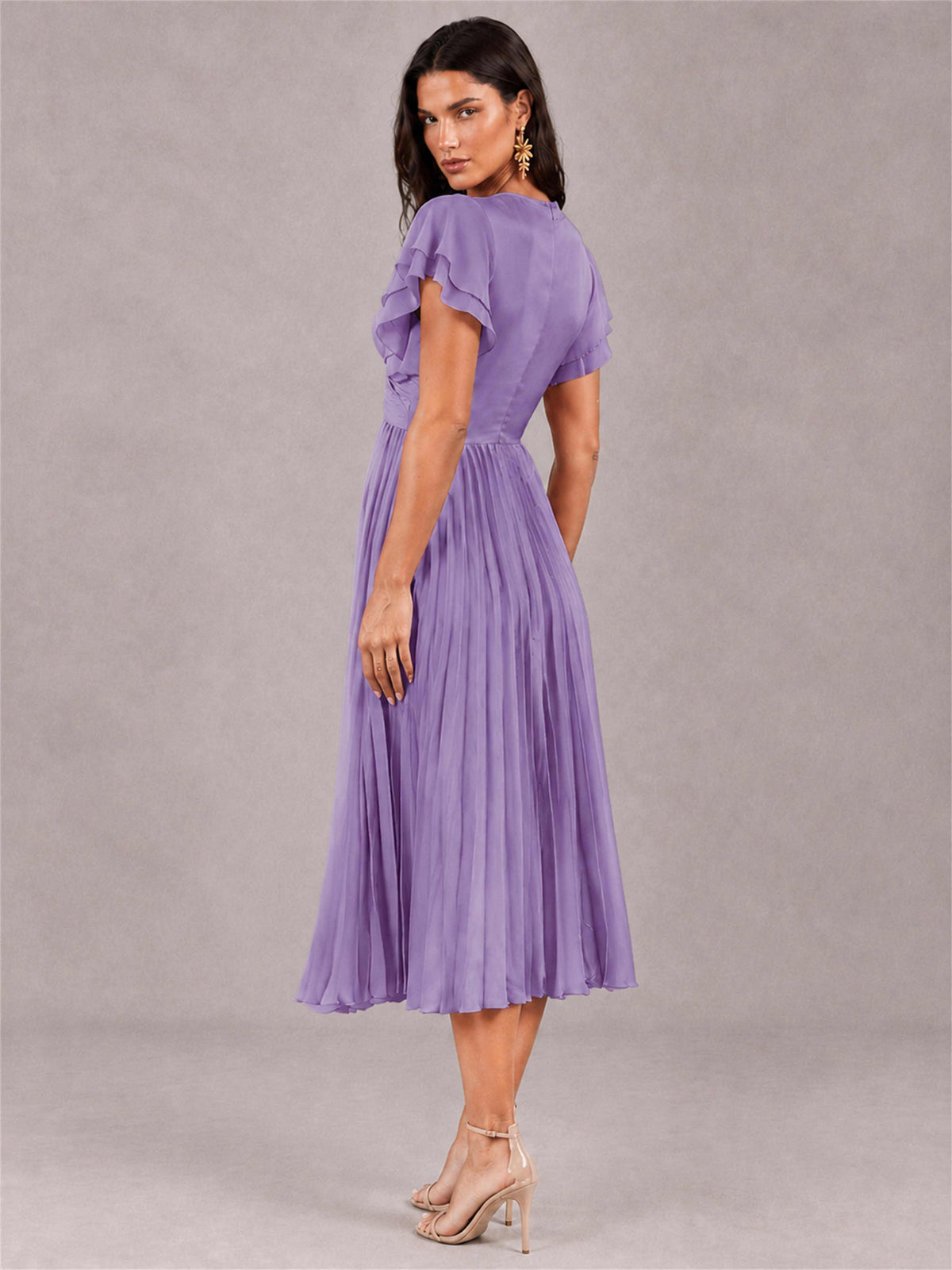 V-Neck A-Line Pleated Chiffon Tea-Length Wedding Guest Dress with Flutter Sleeves