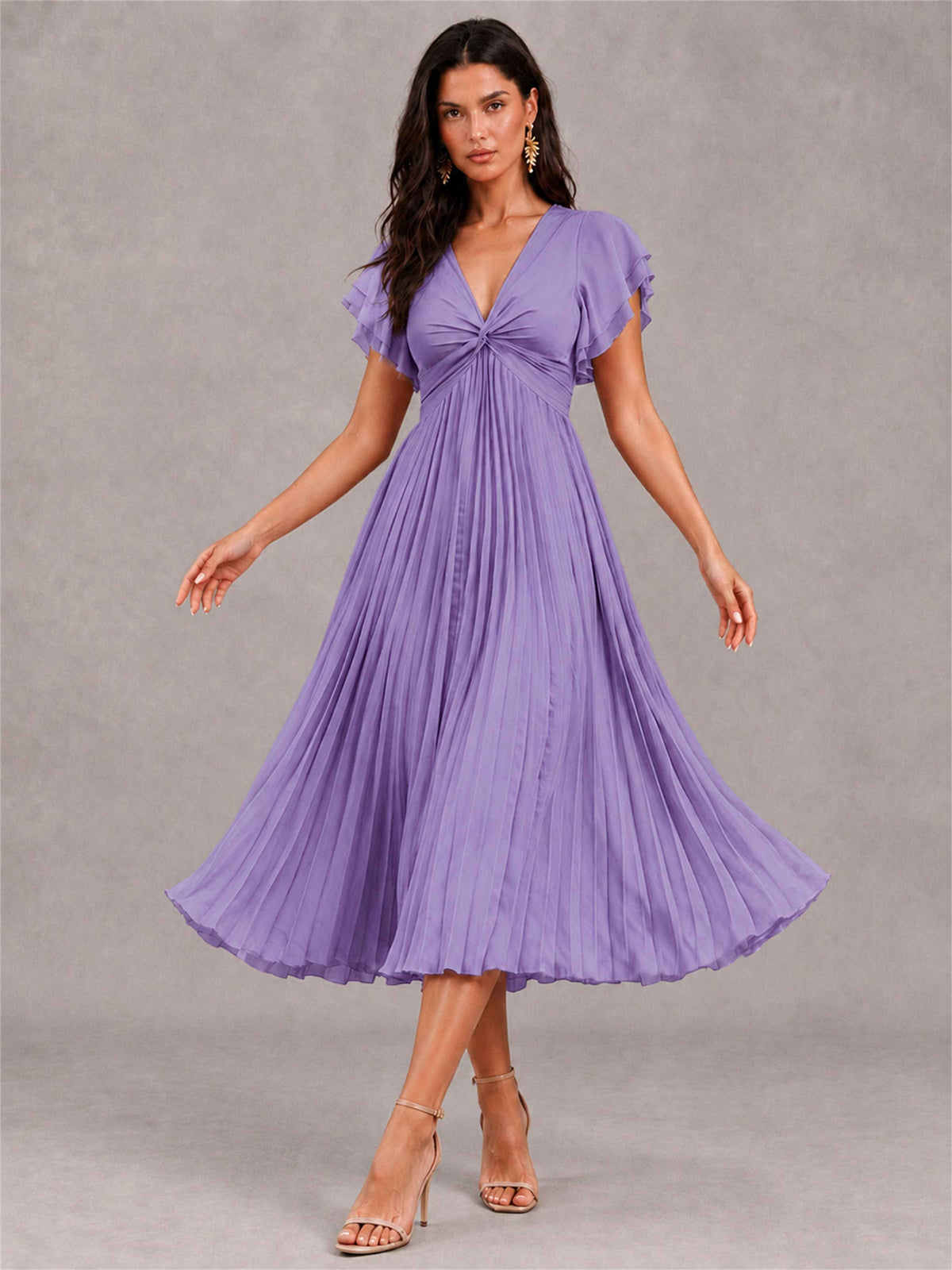 V-Neck A-Line Pleated Chiffon Tea-Length Wedding Guest Dress with Flutter Sleeves
