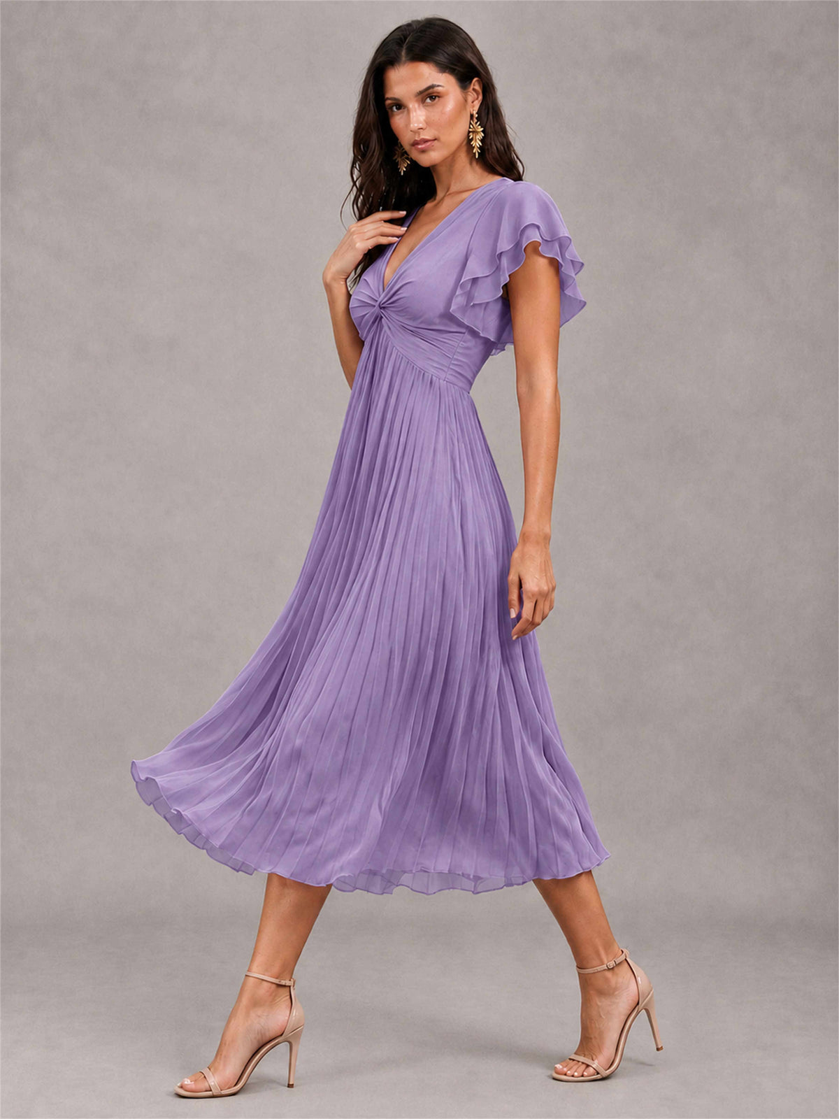 V-Neck A-Line Pleated Chiffon Tea-Length Wedding Guest Dress with Flutter Sleeves
