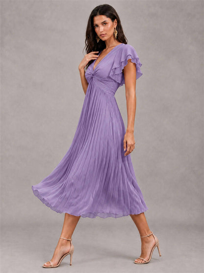 V-Neck A-Line Pleated Chiffon Tea-Length Wedding Guest Dress with Flutter Sleeves