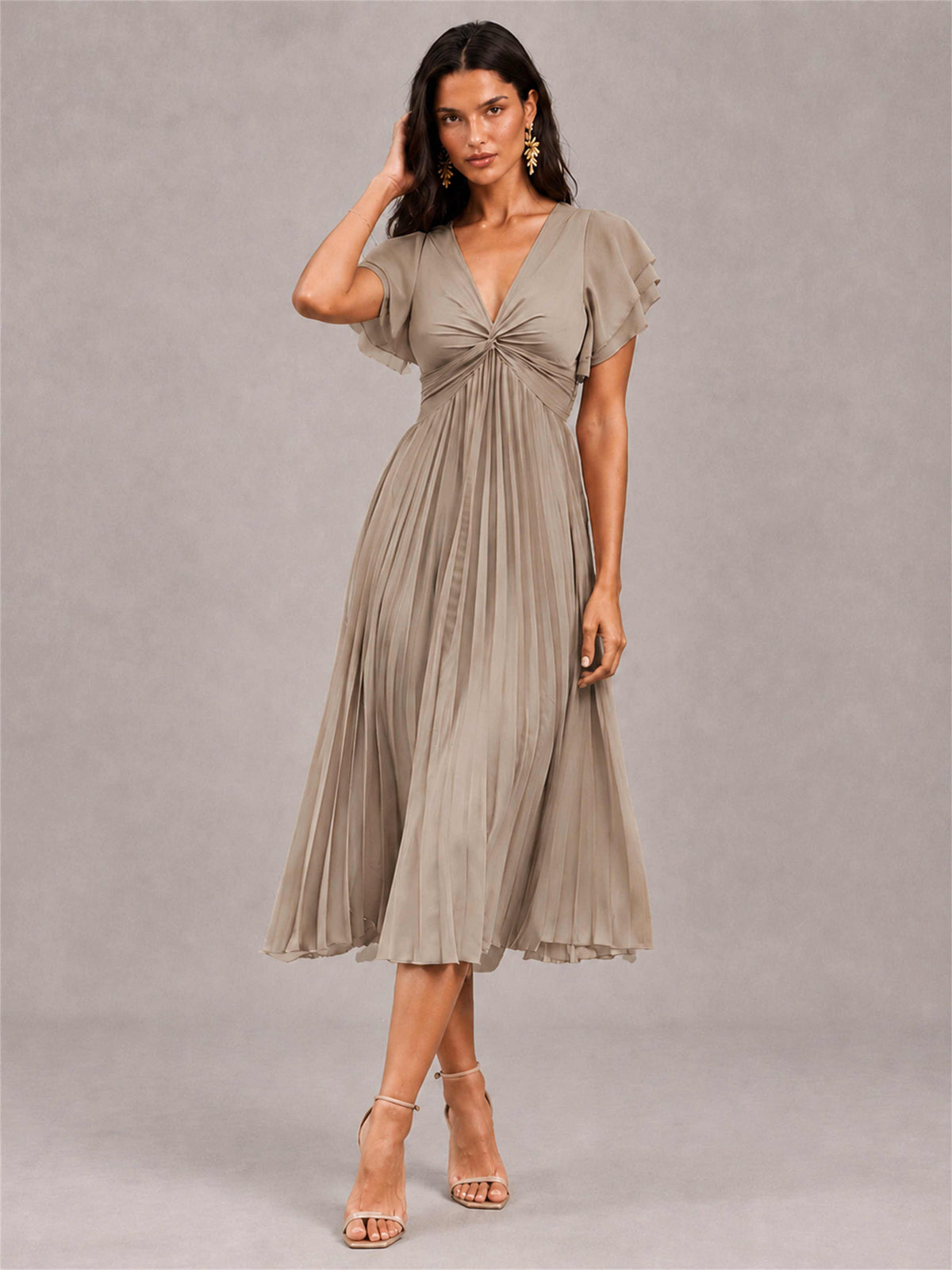 V-Neck A-Line Pleated Chiffon Tea-Length Wedding Guest Dress with Flutter Sleeves