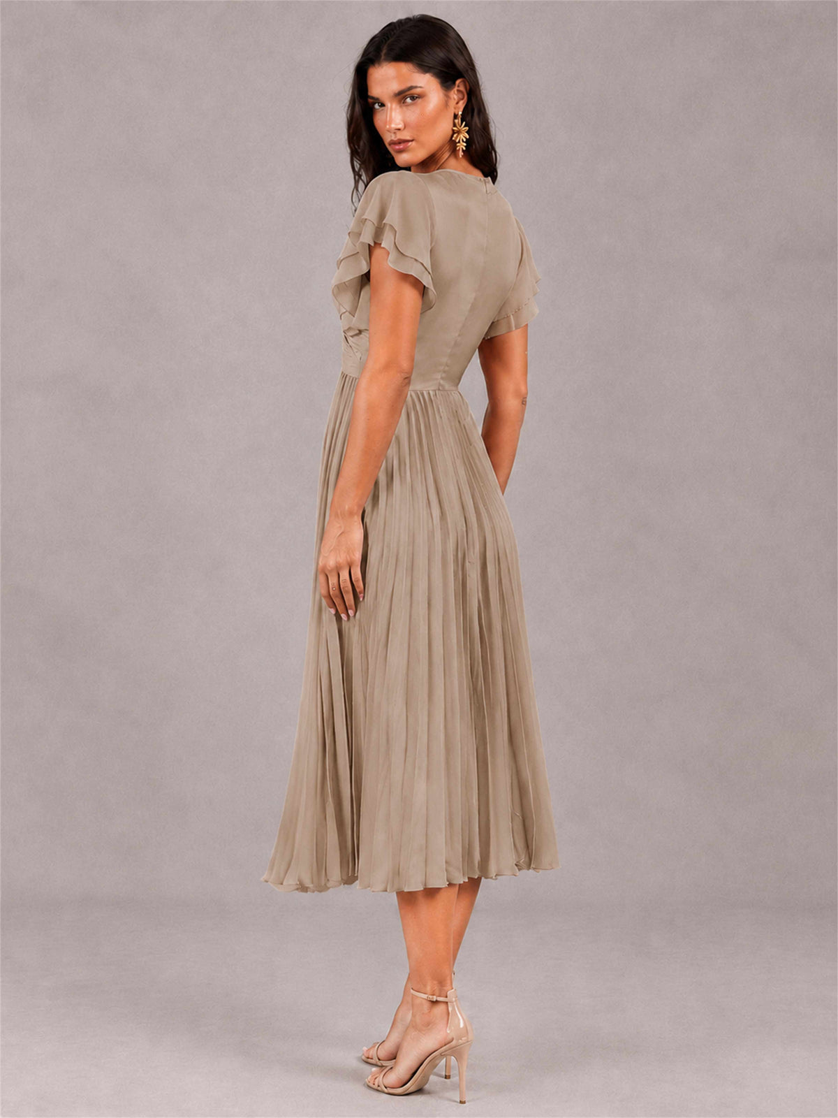 V-Neck A-Line Pleated Chiffon Tea-Length Wedding Guest Dress with Flutter Sleeves