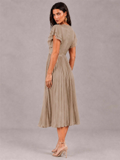 V-Neck A-Line Pleated Chiffon Tea-Length Wedding Guest Dress with Flutter Sleeves