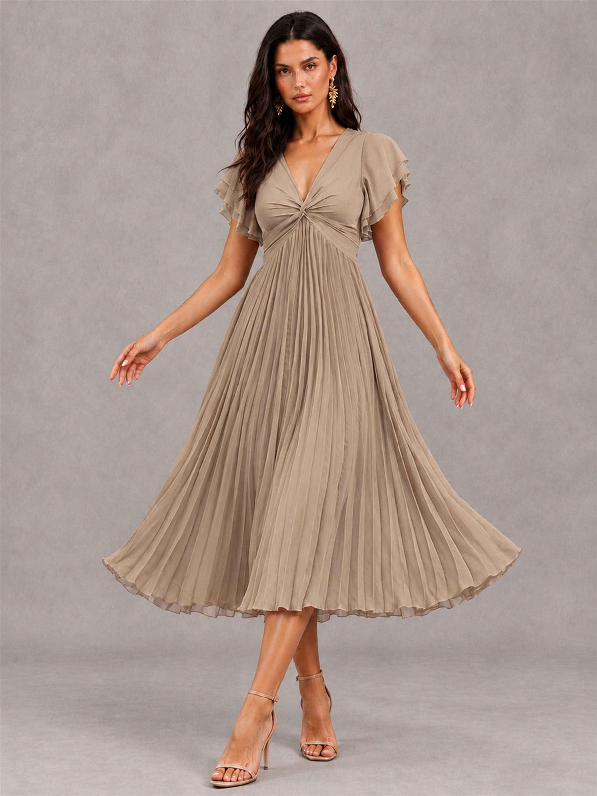 V-Neck A-Line Pleated Chiffon Tea-Length Wedding Guest Dress with Flutter Sleeves
