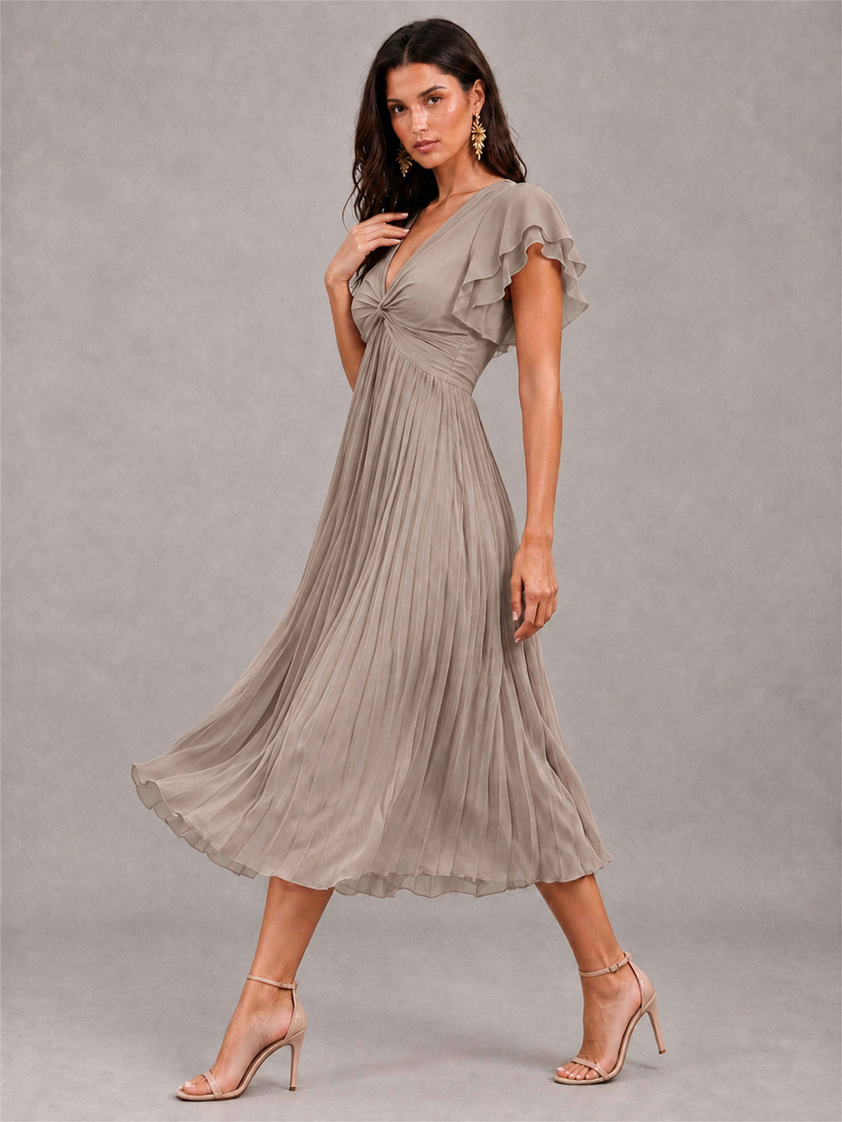 V-Neck A-Line Pleated Chiffon Tea-Length Wedding Guest Dress with Flutter Sleeves