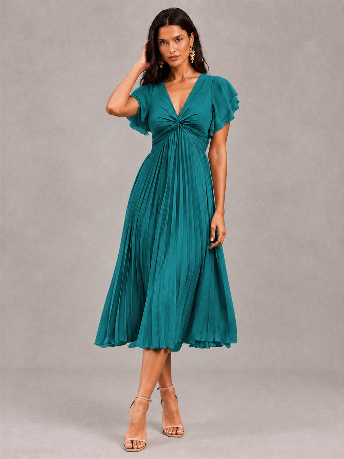 V-Neck A-Line Pleated Chiffon Tea-Length Wedding Guest Dress with Flutter Sleeves