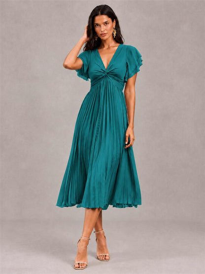 V-Neck A-Line Pleated Chiffon Tea-Length Wedding Guest Dress with Flutter Sleeves