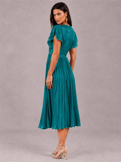 V-Neck A-Line Pleated Chiffon Tea-Length Wedding Guest Dress with Flutter Sleeves