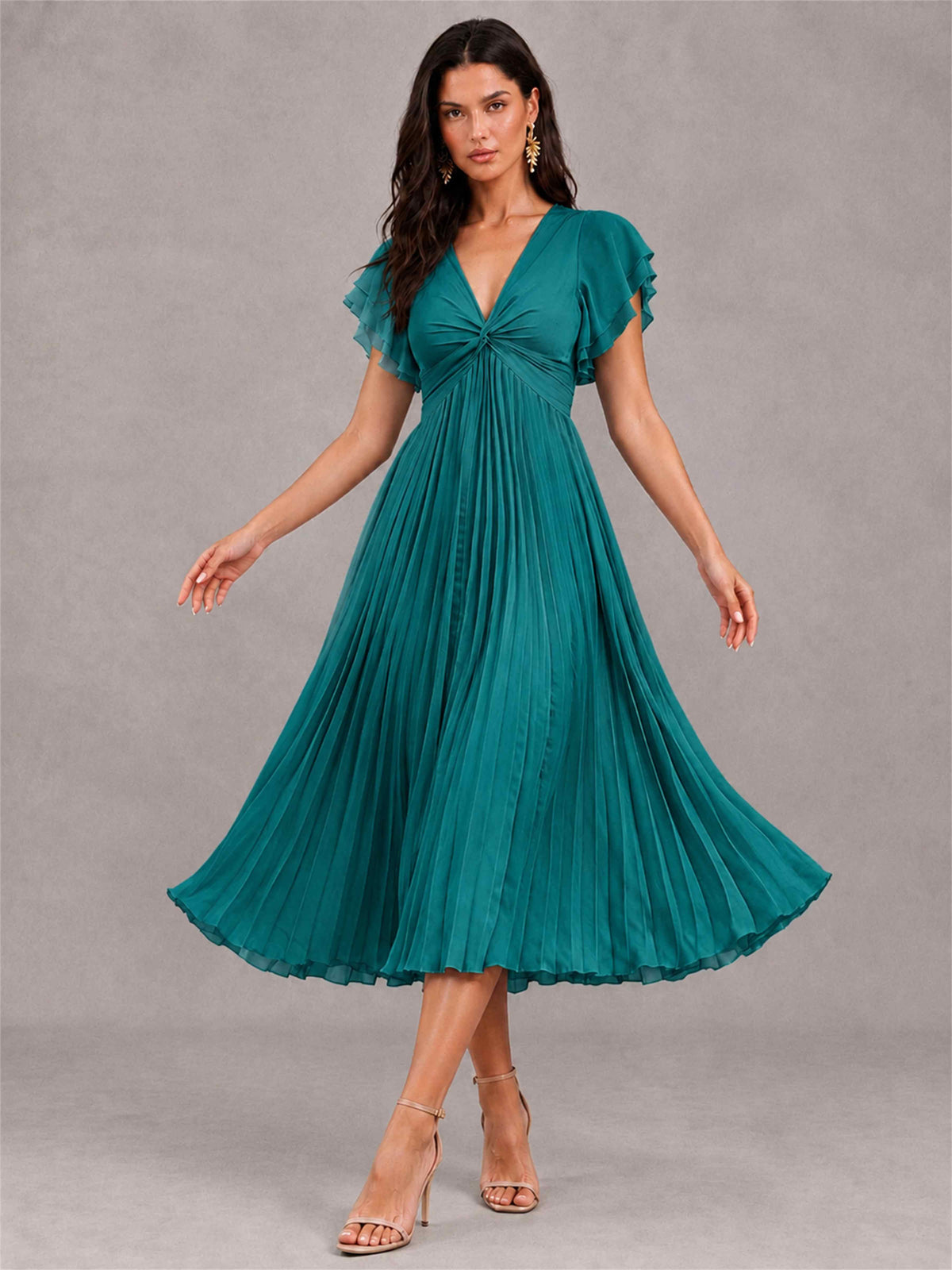 V-Neck A-Line Pleated Chiffon Tea-Length Wedding Guest Dress with Flutter Sleeves