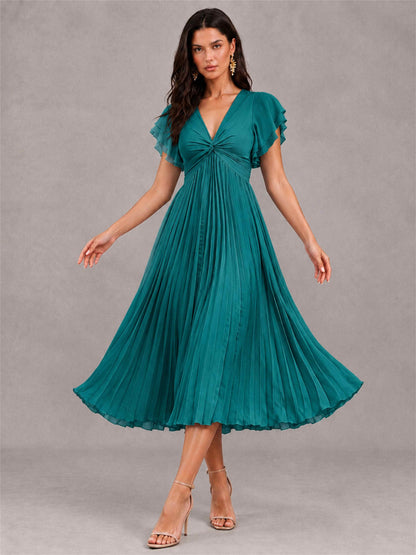 V-Neck A-Line Pleated Chiffon Tea-Length Wedding Guest Dress with Flutter Sleeves