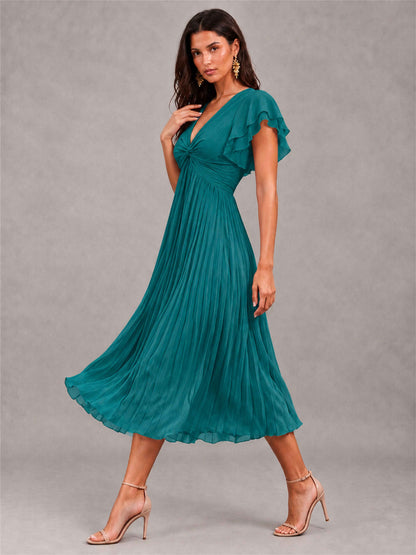 V-Neck A-Line Pleated Chiffon Tea-Length Wedding Guest Dress with Flutter Sleeves