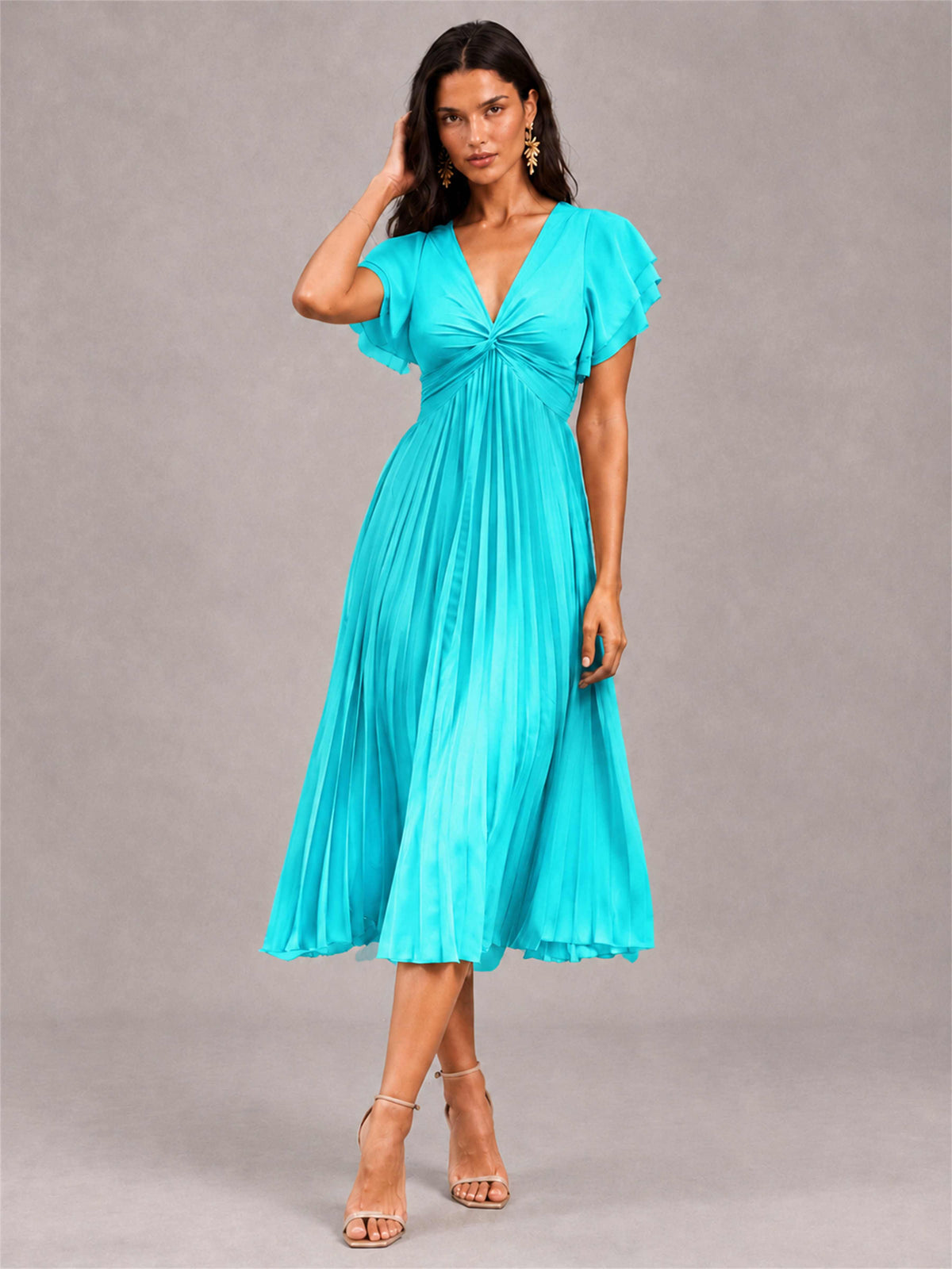 V-Neck A-Line Pleated Chiffon Tea-Length Wedding Guest Dress with Flutter Sleeves