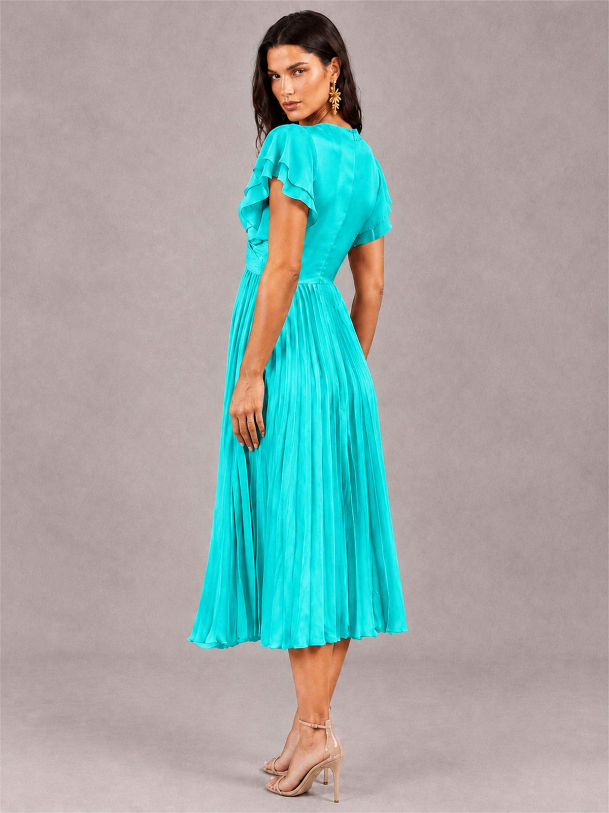 V-Neck A-Line Pleated Chiffon Tea-Length Wedding Guest Dress with Flutter Sleeves