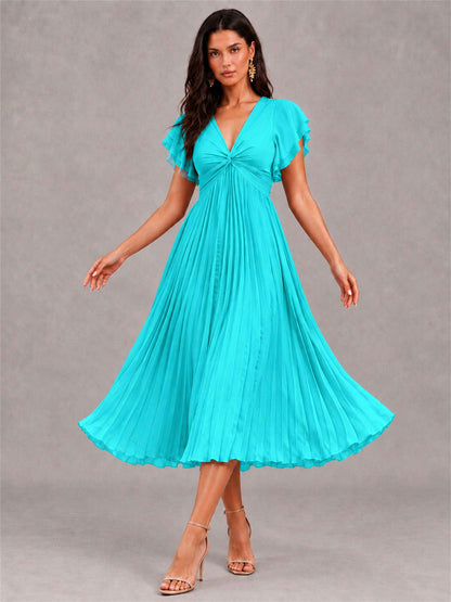 V-Neck A-Line Pleated Chiffon Tea-Length Wedding Guest Dress with Flutter Sleeves