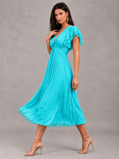 V-Neck A-Line Pleated Chiffon Tea-Length Wedding Guest Dress with Flutter Sleeves