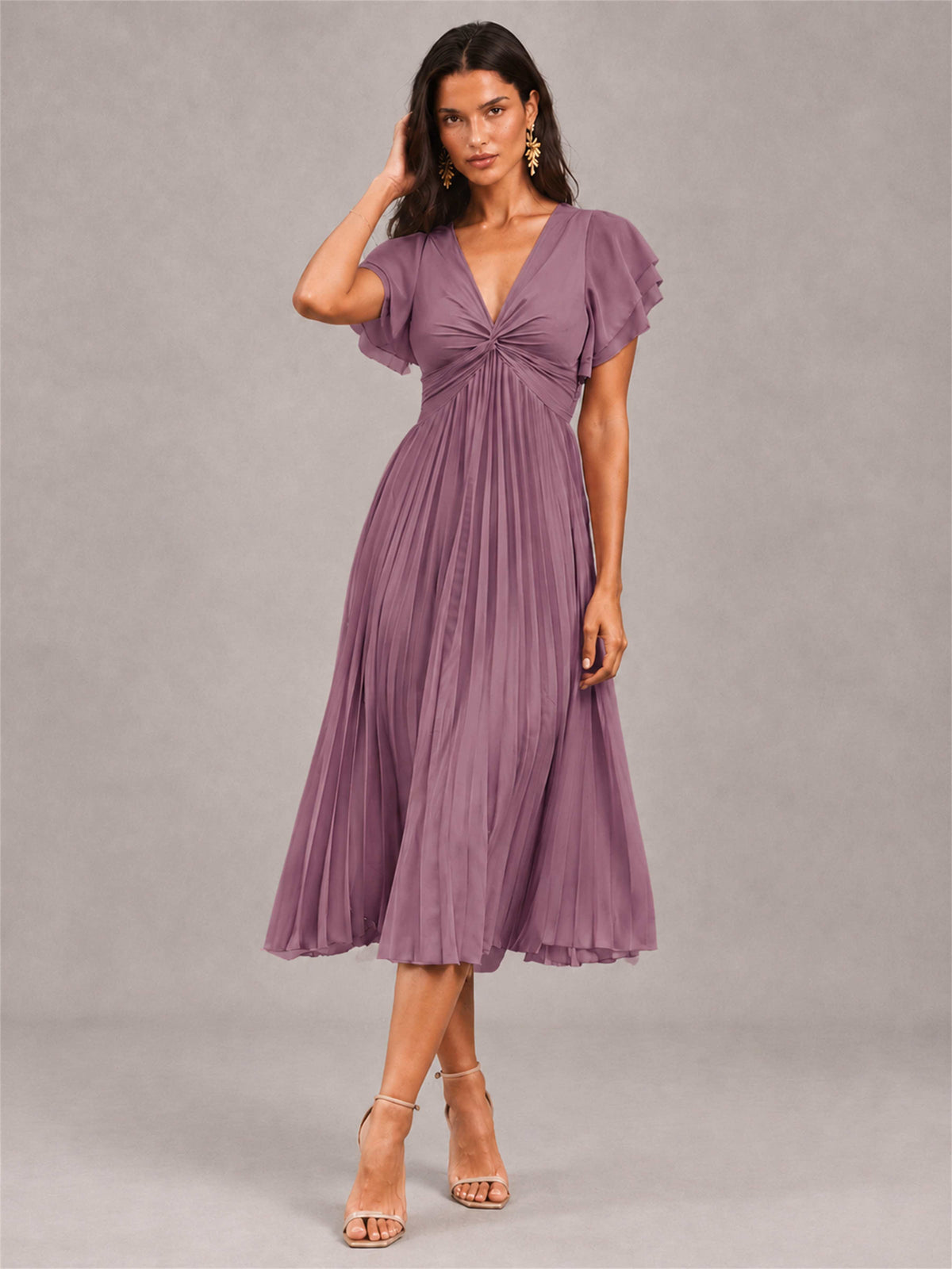 V-Neck A-Line Pleated Chiffon Tea-Length Wedding Guest Dress with Flutter Sleeves