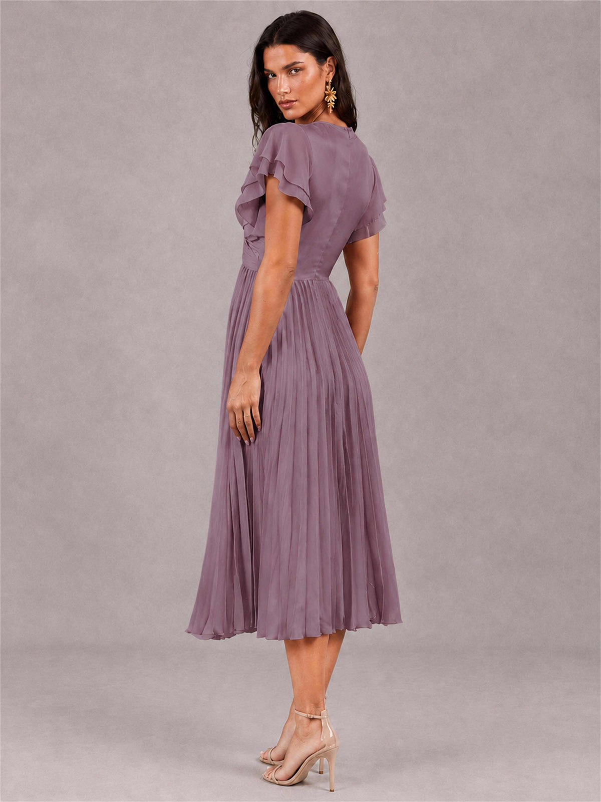 V-Neck A-Line Pleated Chiffon Tea-Length Wedding Guest Dress with Flutter Sleeves