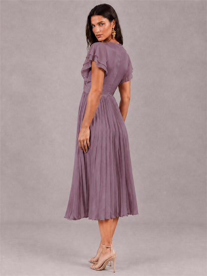 V-Neck A-Line Pleated Chiffon Tea-Length Wedding Guest Dress with Flutter Sleeves