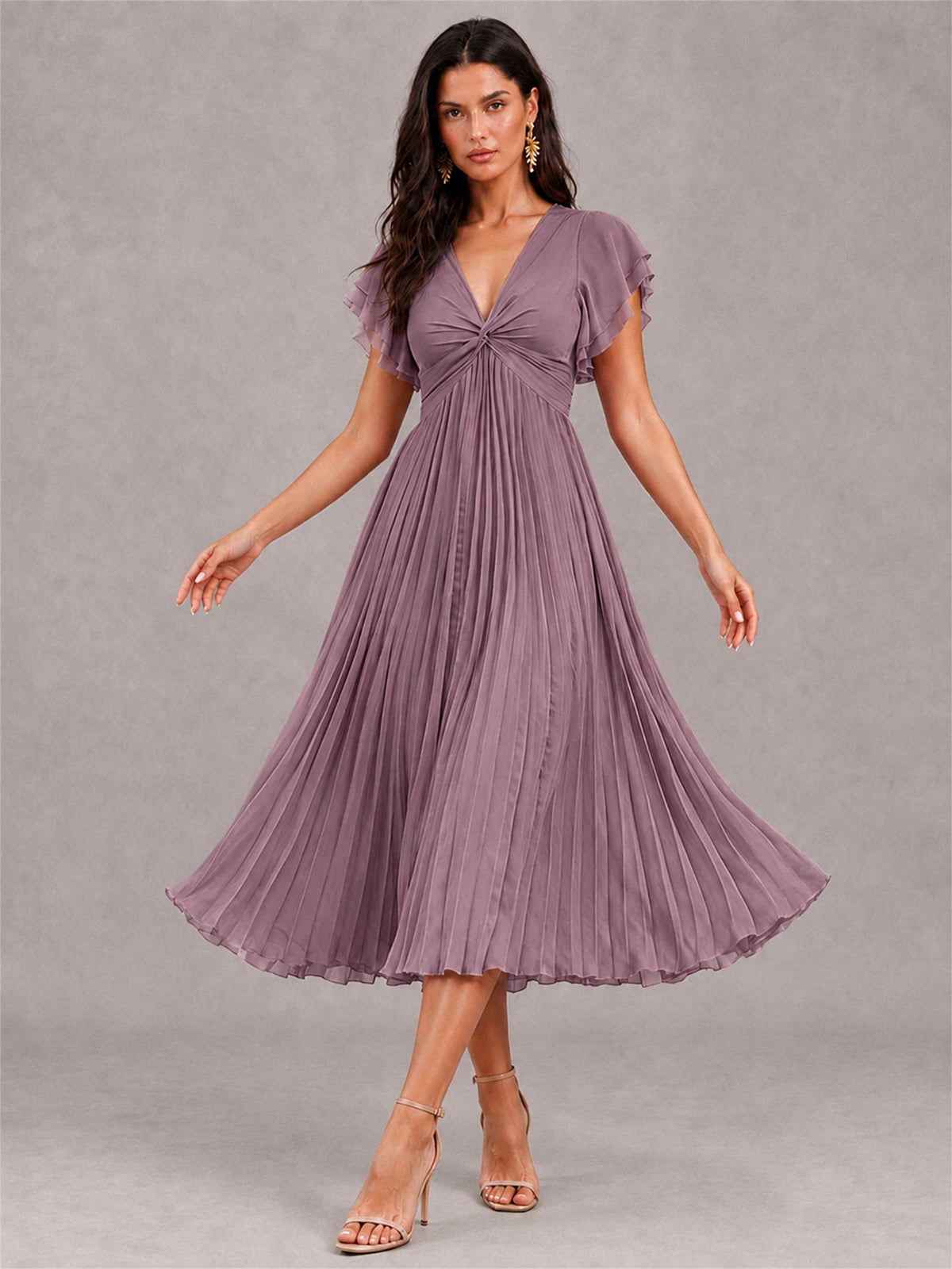 V-Neck A-Line Pleated Chiffon Tea-Length Wedding Guest Dress with Flutter Sleeves