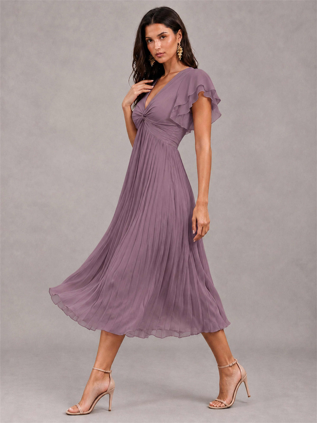 V-Neck A-Line Pleated Chiffon Tea-Length Wedding Guest Dress with Flutter Sleeves