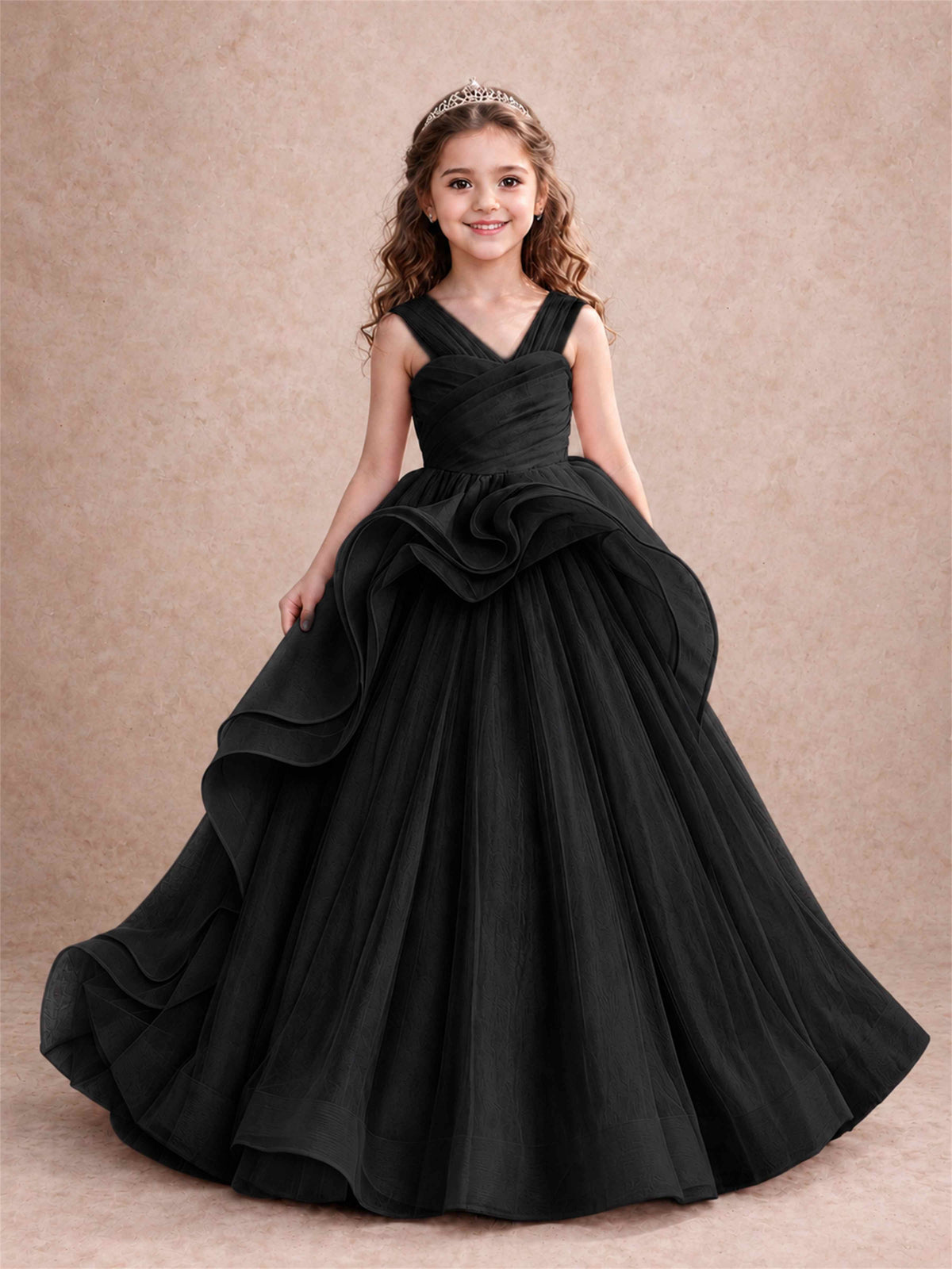 V Neck Girls Pageant Dress Ruffled Puffy Tulle Flower Girl Gown for Wedding Birthday Party