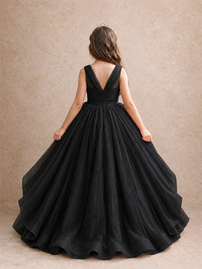 V Neck Girls Pageant Dress Ruffled Puffy Tulle Flower Girl Gown for Wedding Birthday Party