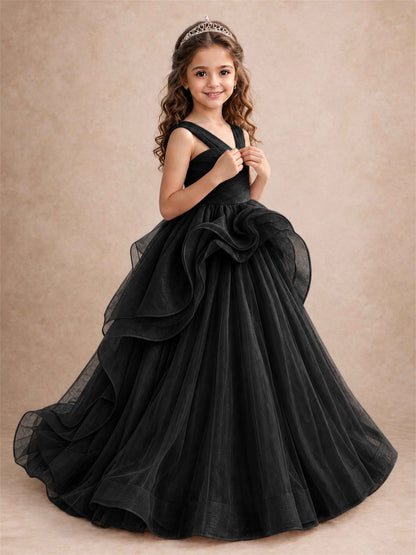 V Neck Girls Pageant Dress Ruffled Puffy Tulle Flower Girl Gown for Wedding Birthday Party