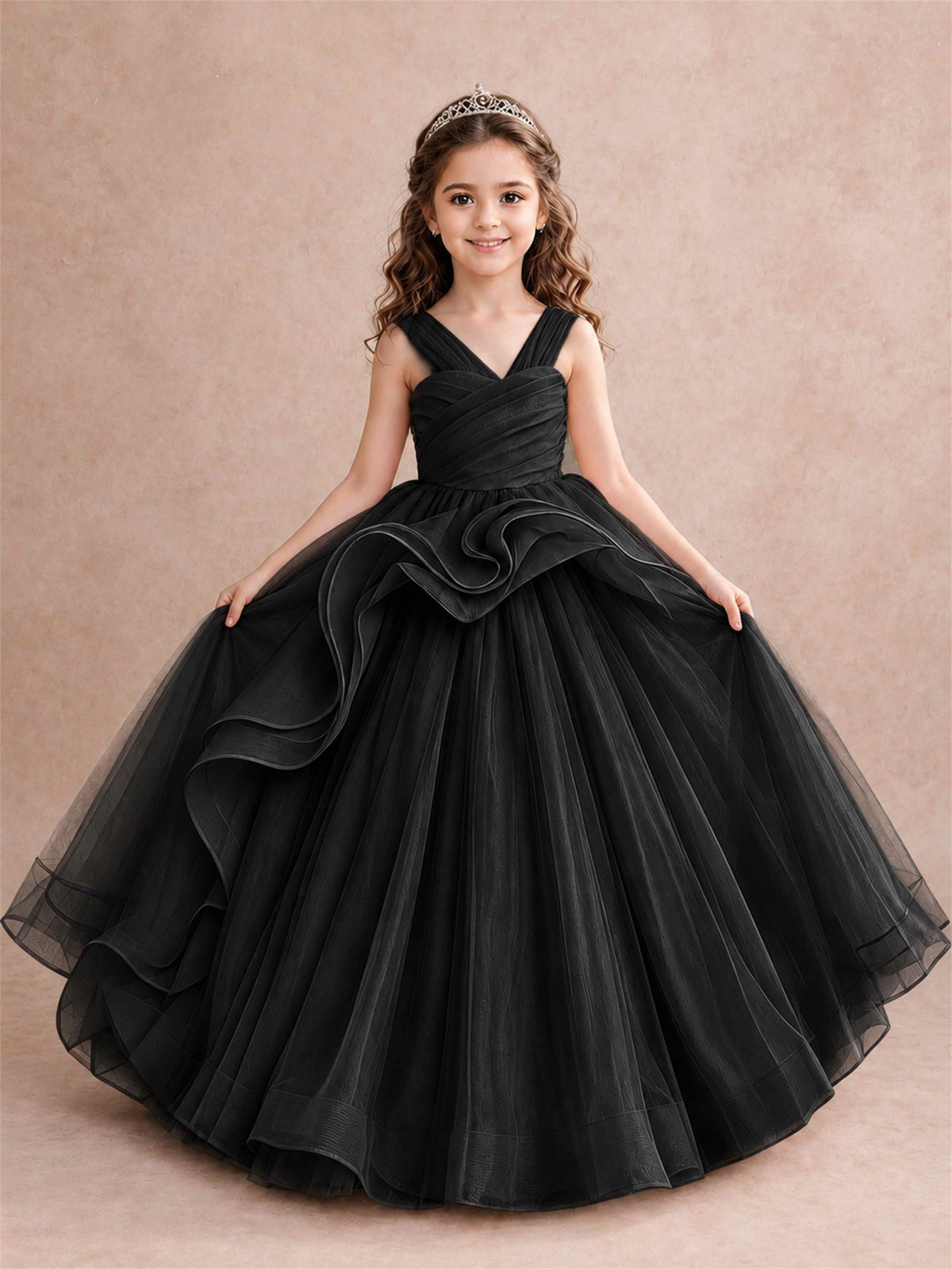 V Neck Girls Pageant Dress Ruffled Puffy Tulle Flower Girl Gown for Wedding Birthday Party