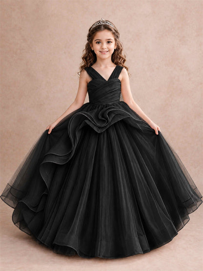 V Neck Girls Pageant Dress Ruffled Puffy Tulle Flower Girl Gown for Wedding Birthday Party