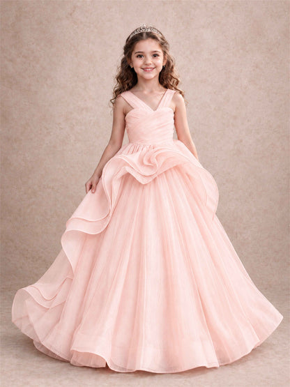 V Neck Girls Pageant Dress Ruffled Puffy Tulle Flower Girl Gown for Wedding Birthday Party