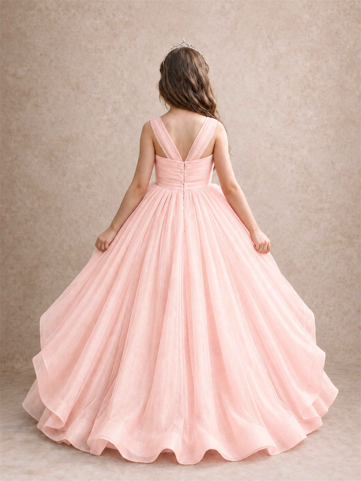 V Neck Girls Pageant Dress Ruffled Puffy Tulle Flower Girl Gown for Wedding Birthday Party