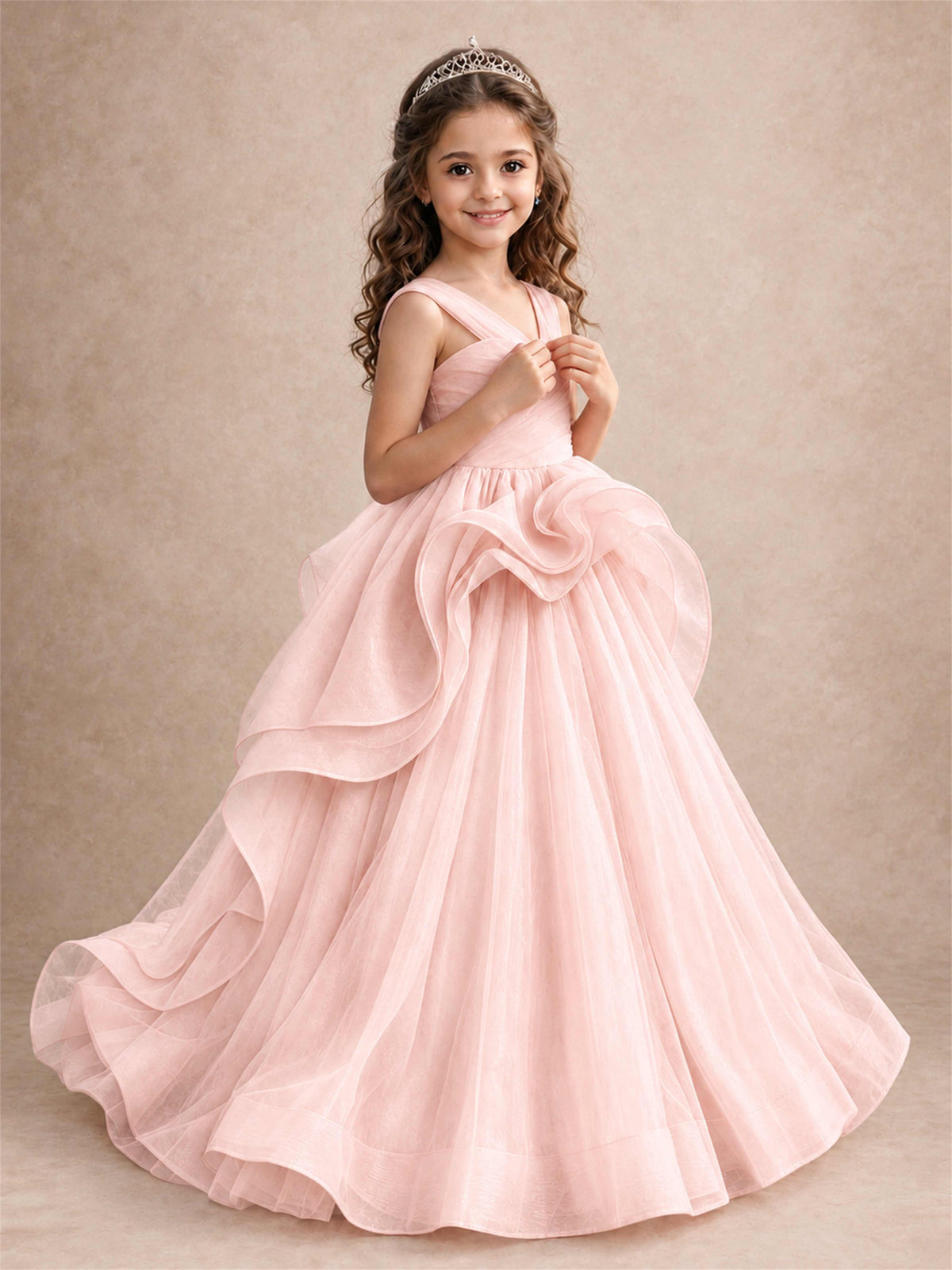 V Neck Girls Pageant Dress Ruffled Puffy Tulle Flower Girl Gown for Wedding Birthday Party