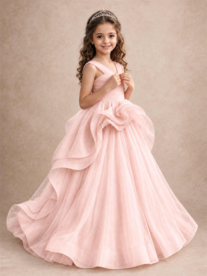 V Neck Girls Pageant Dress Ruffled Puffy Tulle Flower Girl Gown for Wedding Birthday Party