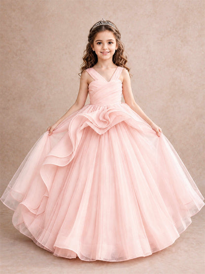 V Neck Girls Pageant Dress Ruffled Puffy Tulle Flower Girl Gown for Wedding Birthday Party