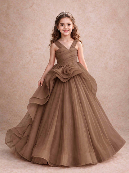 V Neck Girls Pageant Dress Ruffled Puffy Tulle Flower Girl Gown for Wedding Birthday Party